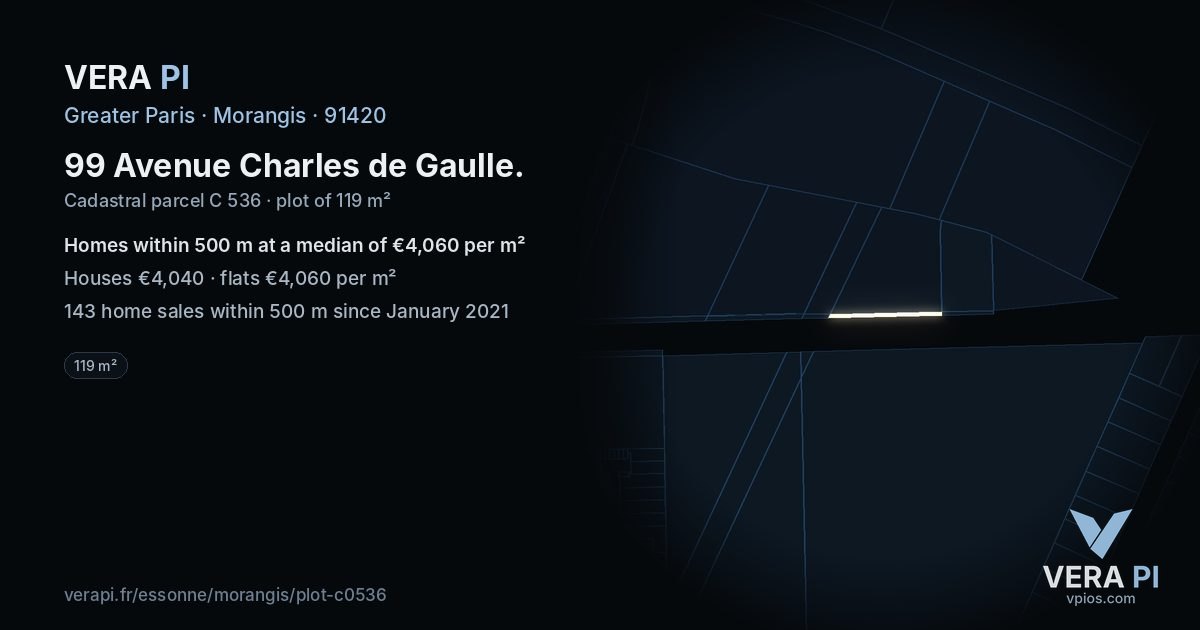 99 Avenue Charles de Gaulle, Morangis at night – the plot lit, the parcels around coloured by the prices near them