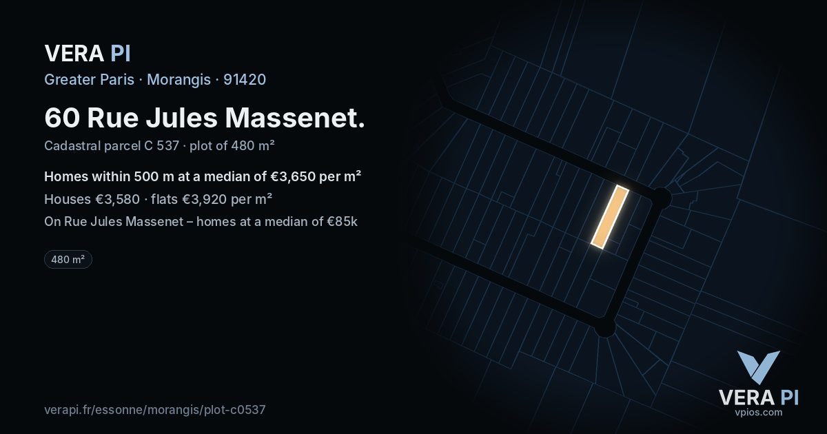 60 Rue Jules Massenet, Morangis at night – the plot lit, the parcels around coloured by the prices near them