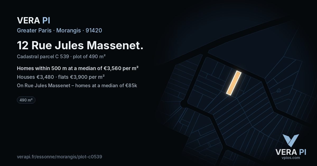 12 Rue Jules Massenet, Morangis at night – the plot lit, the parcels around coloured by the prices near them