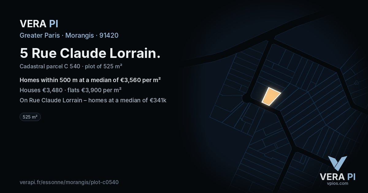 5 Rue Claude Lorrain, Morangis at night – the plot lit, the parcels around coloured by the prices near them