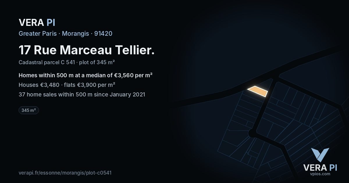 17 Rue Marceau Tellier, Morangis at night – the plot lit, the parcels around coloured by the prices near them