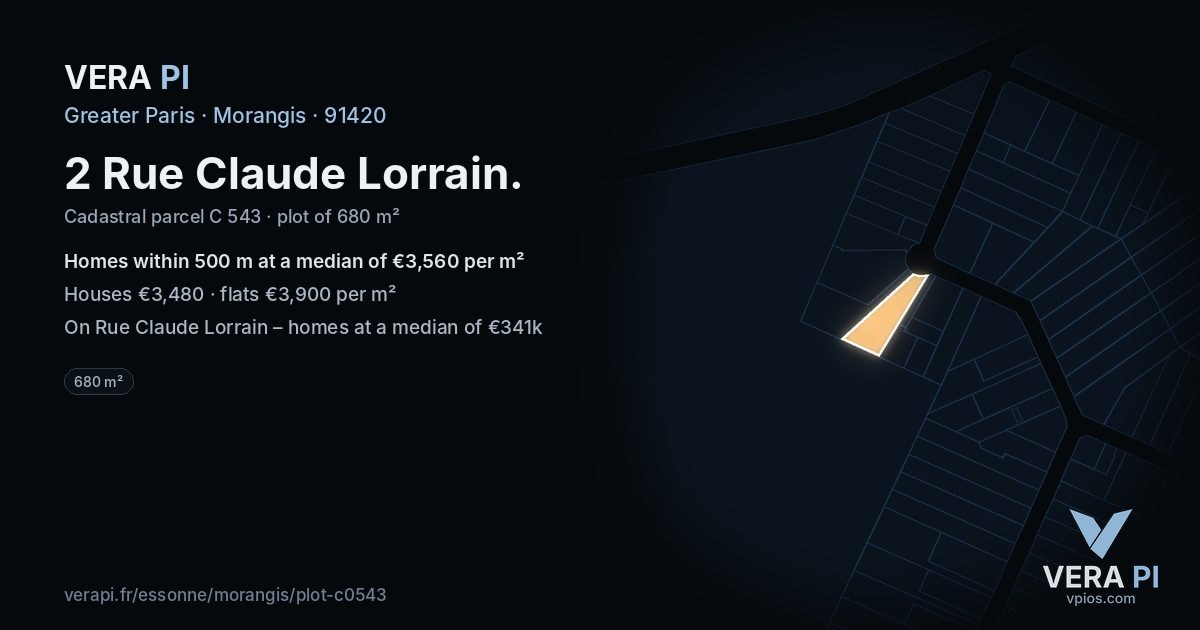2 Rue Claude Lorrain, Morangis at night – the plot lit, the parcels around coloured by the prices near them