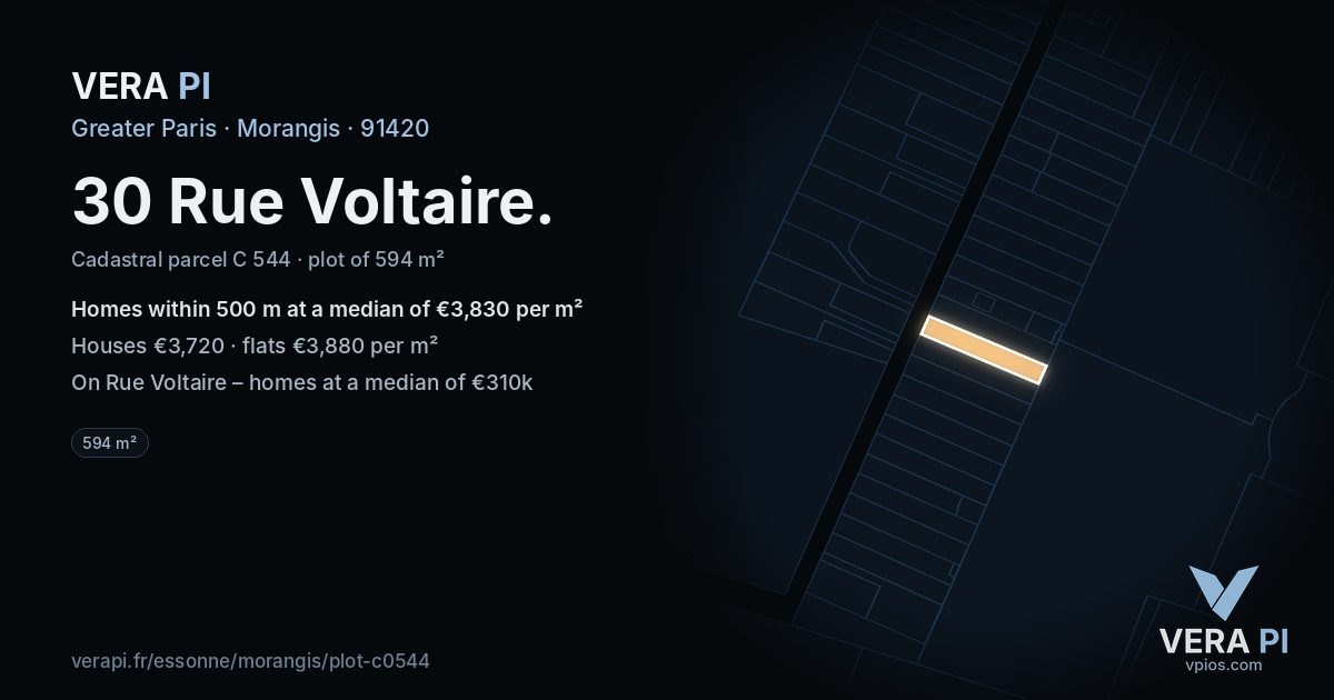 30 Rue Voltaire, Morangis at night – the plot lit, the parcels around coloured by the prices near them