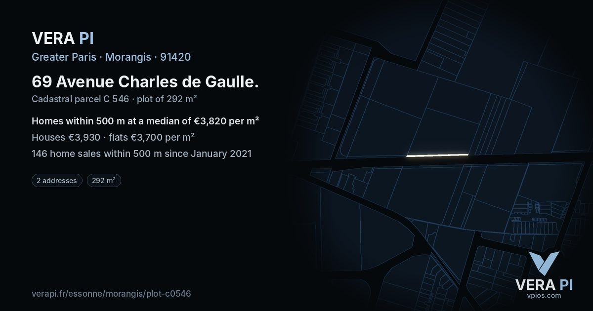 69 Avenue Charles de Gaulle, Morangis at night – the plot lit, the parcels around coloured by the prices near them
