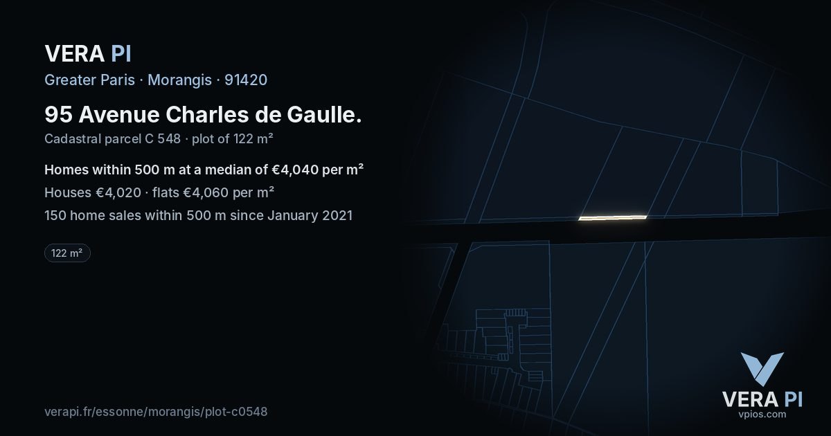95 Avenue Charles de Gaulle, Morangis at night – the plot lit, the parcels around coloured by the prices near them