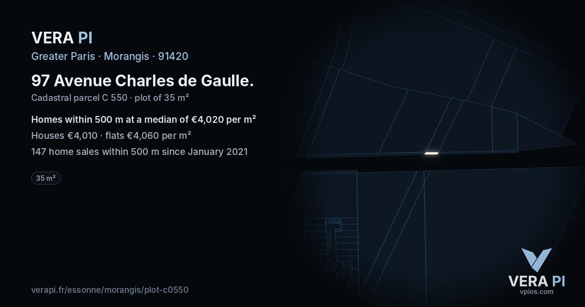 97 Avenue Charles de Gaulle, Morangis at night – the plot lit, the parcels around coloured by the prices near them