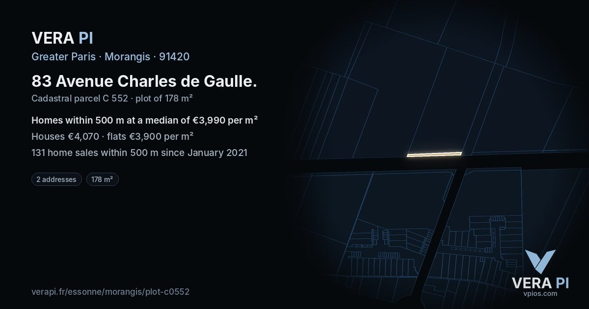 83 Avenue Charles de Gaulle, Morangis at night – the plot lit, the parcels around coloured by the prices near them