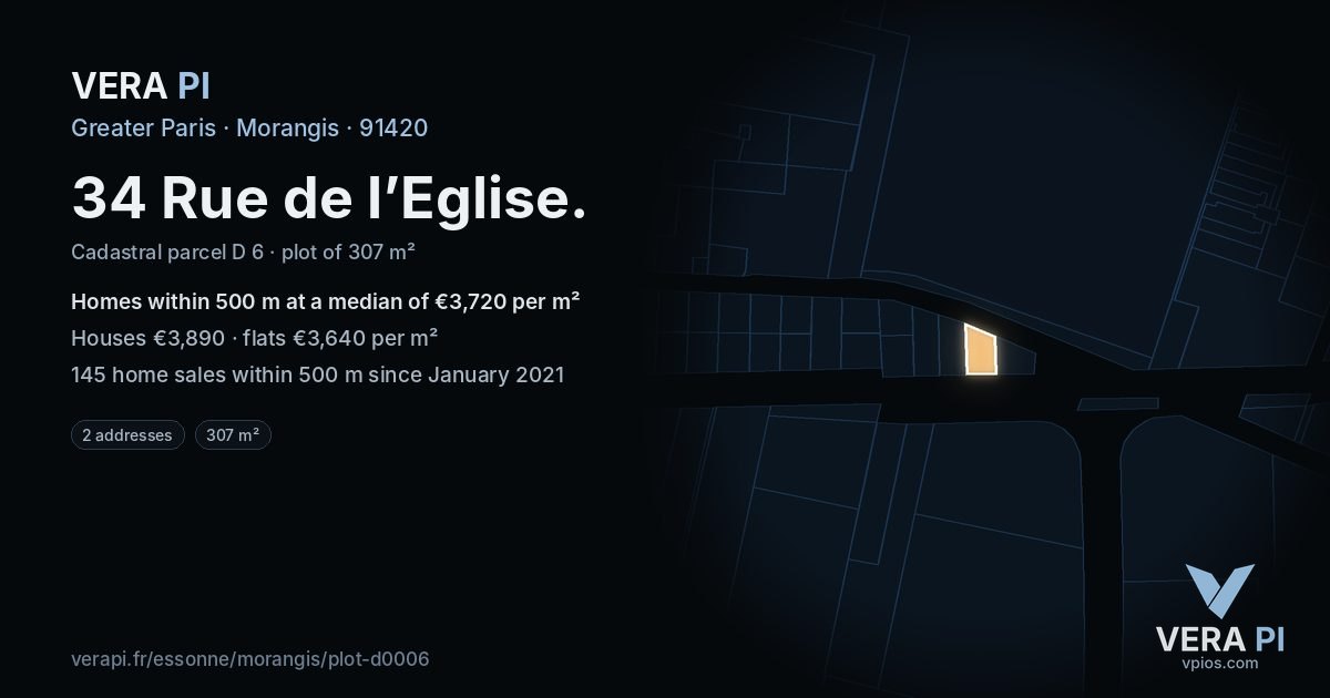 34 Rue de l’Eglise, Morangis at night – the plot lit, the parcels around coloured by the prices near them