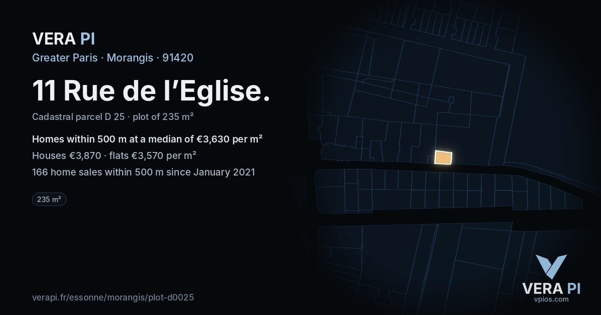 11 Rue de l’Eglise, Morangis at night – the plot lit, the parcels around coloured by the prices near them