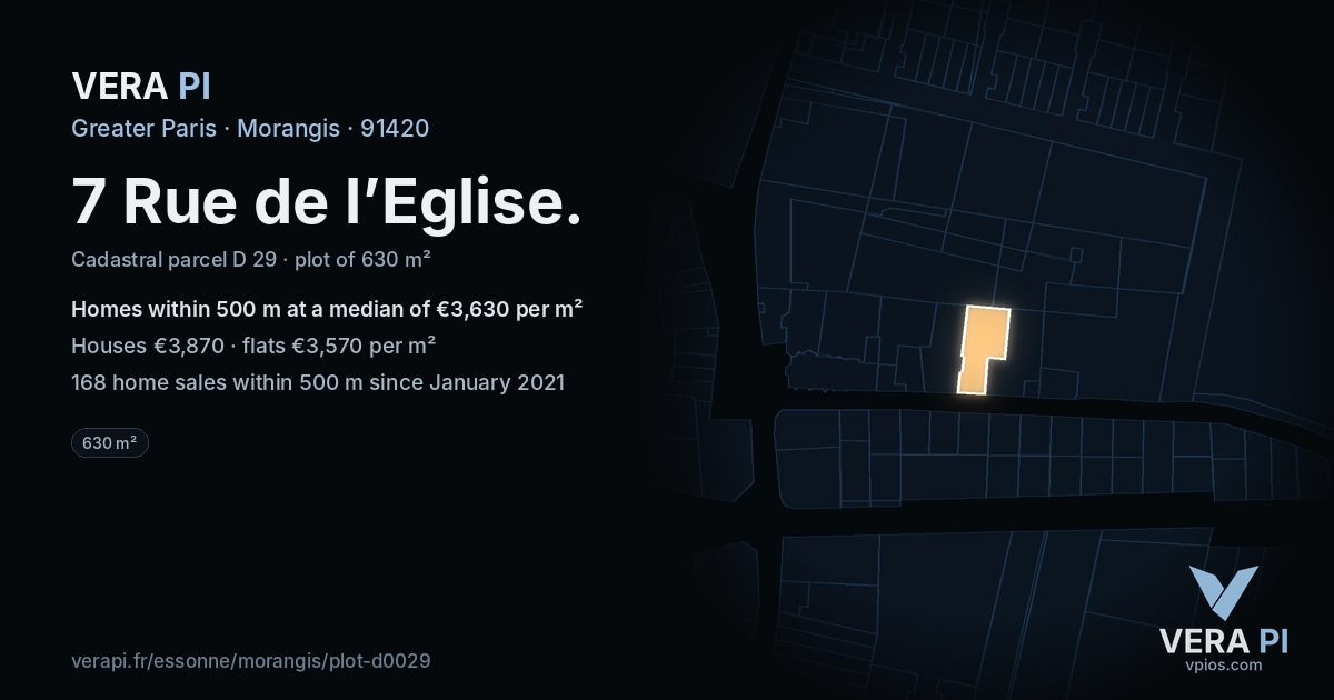 7 Rue de l’Eglise, Morangis at night – the plot lit, the parcels around coloured by the prices near them