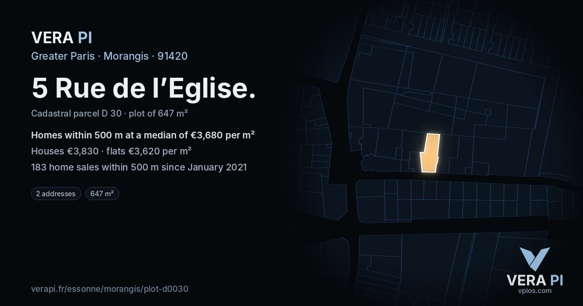 5 Rue de l’Eglise, Morangis at night – the plot lit, the parcels around coloured by the prices near them