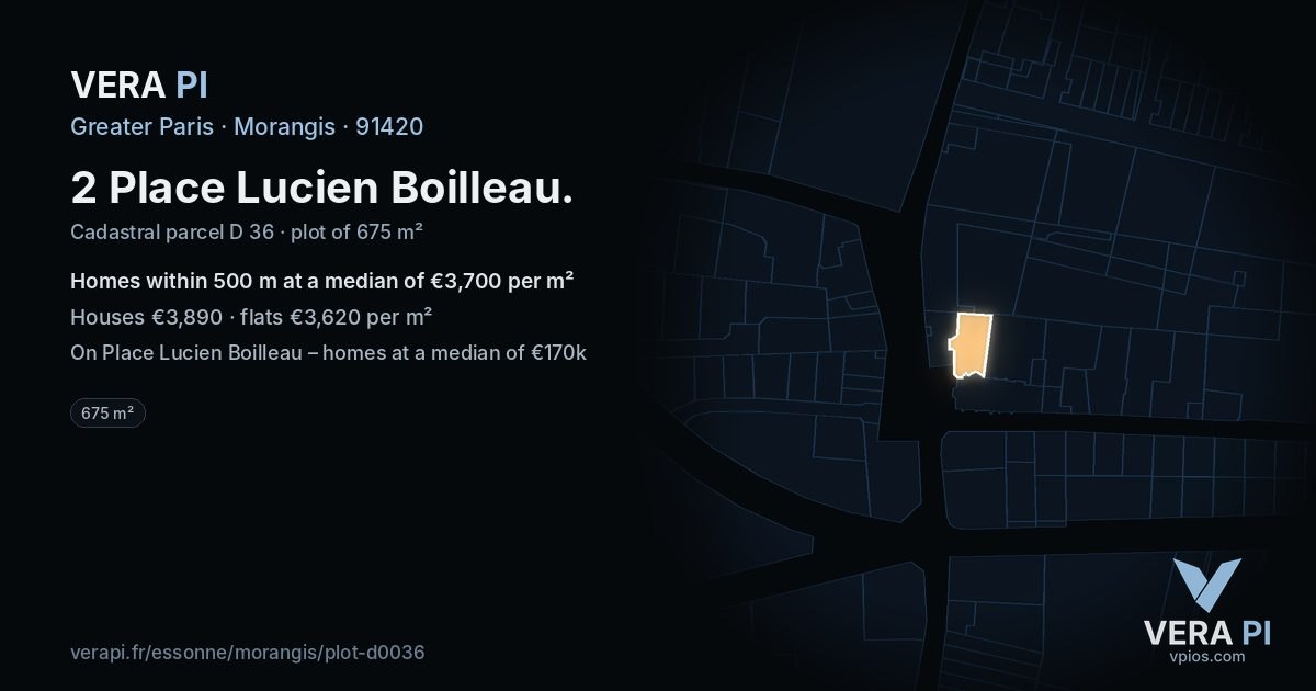 2 Place Lucien Boilleau, Morangis at night – the plot lit, the parcels around coloured by the prices near them