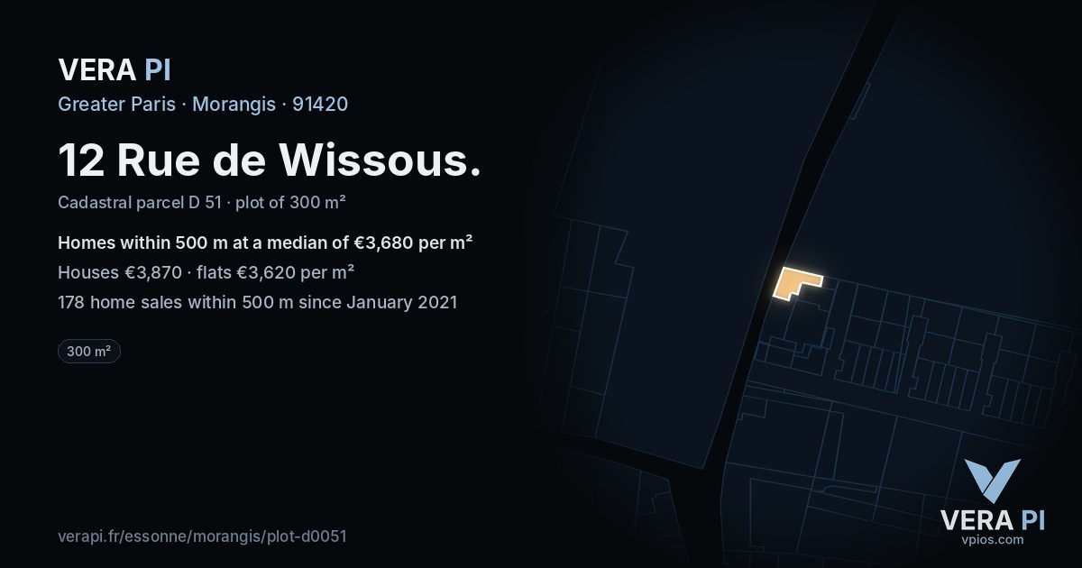 12 Rue de Wissous, Morangis at night – the plot lit, the parcels around coloured by the prices near them