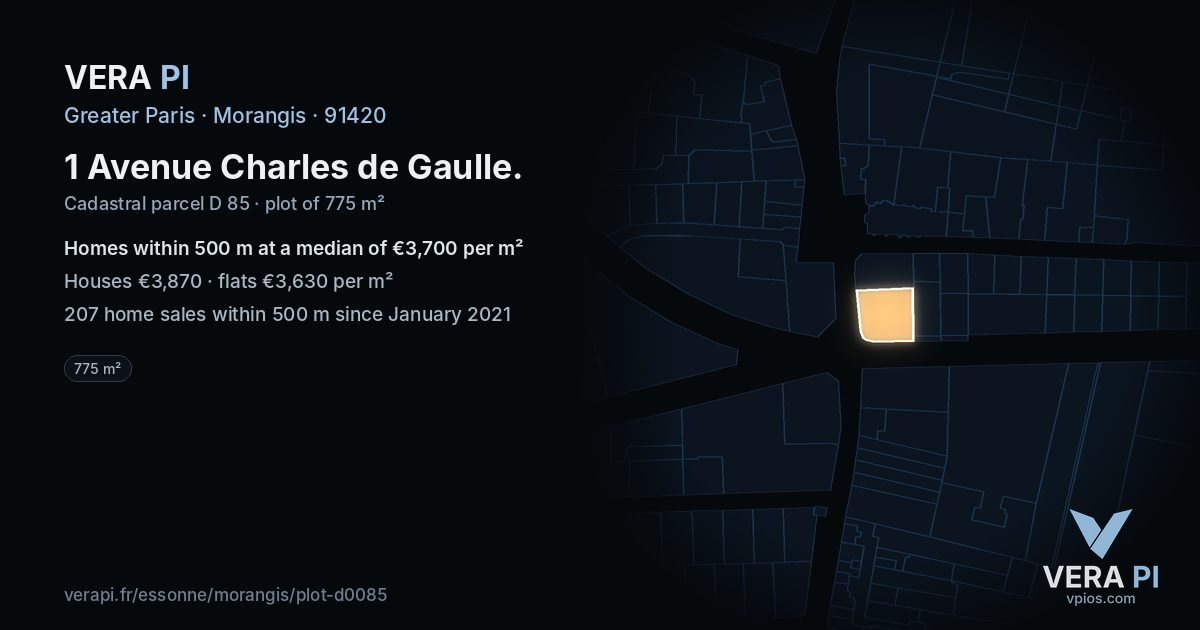 1 Avenue Charles de Gaulle, Morangis at night – the plot lit, the parcels around coloured by the prices near them