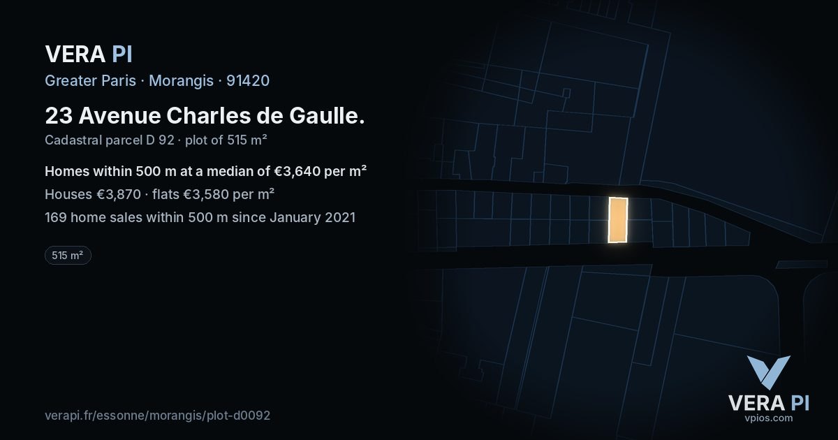 23 Avenue Charles de Gaulle, Morangis at night – the plot lit, the parcels around coloured by the prices near them