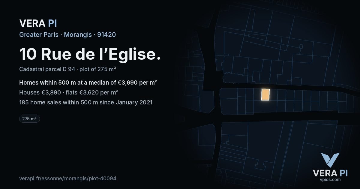 10 Rue de l’Eglise, Morangis at night – the plot lit, the parcels around coloured by the prices near them