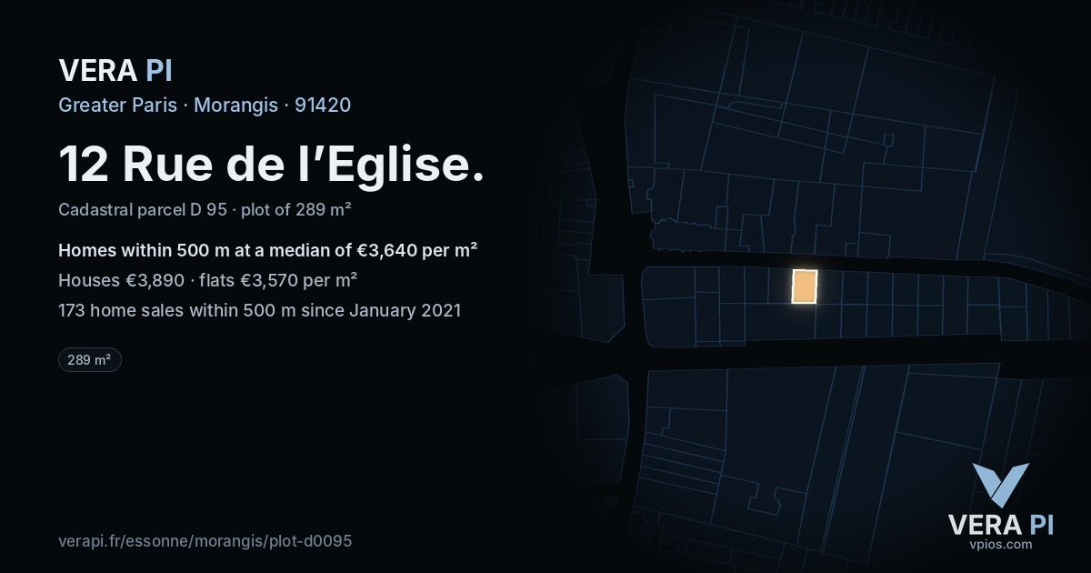 12 Rue de l’Eglise, Morangis at night – the plot lit, the parcels around coloured by the prices near them