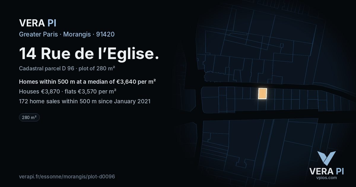 14 Rue de l’Eglise, Morangis at night – the plot lit, the parcels around coloured by the prices near them
