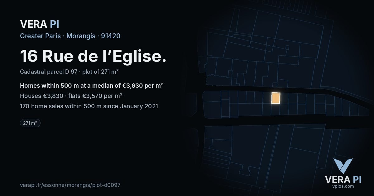 16 Rue de l’Eglise, Morangis at night – the plot lit, the parcels around coloured by the prices near them