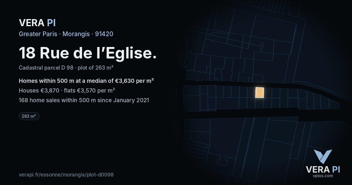 18 Rue de l’Eglise, Morangis at night – the plot lit, the parcels around coloured by the prices near them
