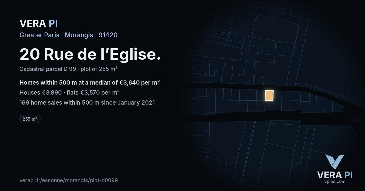 20 Rue de l’Eglise, Morangis at night – the plot lit, the parcels around coloured by the prices near them