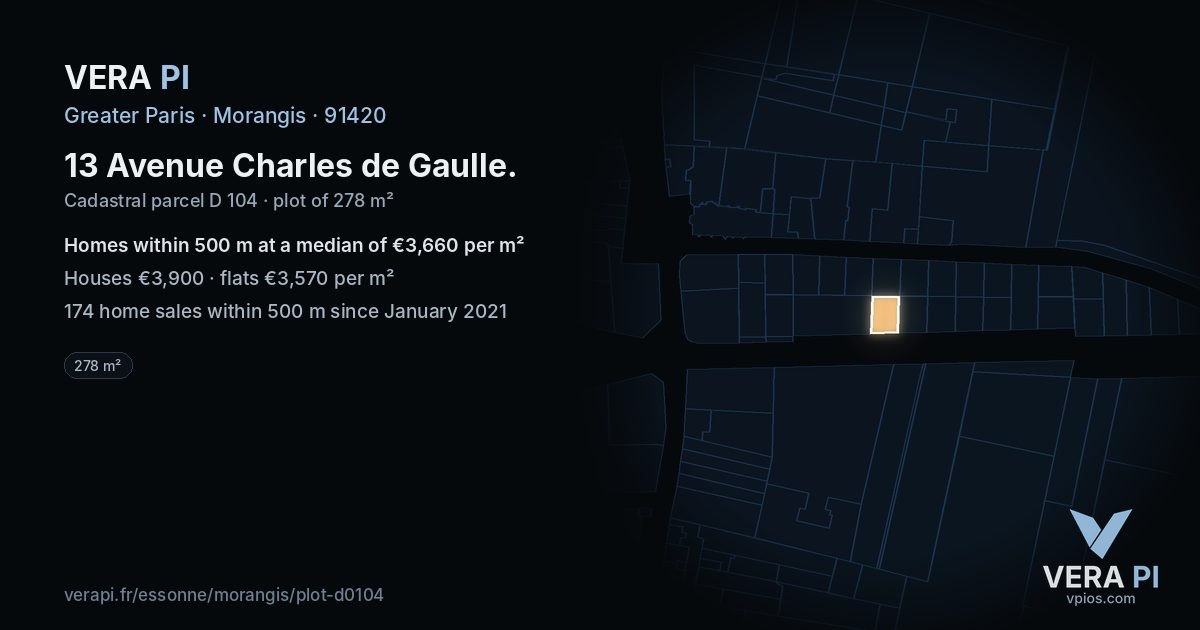 13 Avenue Charles de Gaulle, Morangis at night – the plot lit, the parcels around coloured by the prices near them