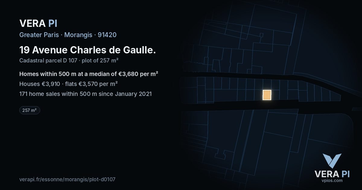 19 Avenue Charles de Gaulle, Morangis at night – the plot lit, the parcels around coloured by the prices near them