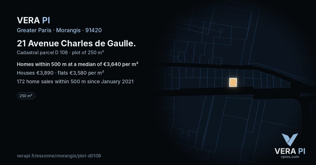 21 Avenue Charles de Gaulle, Morangis at night – the plot lit, the parcels around coloured by the prices near them
