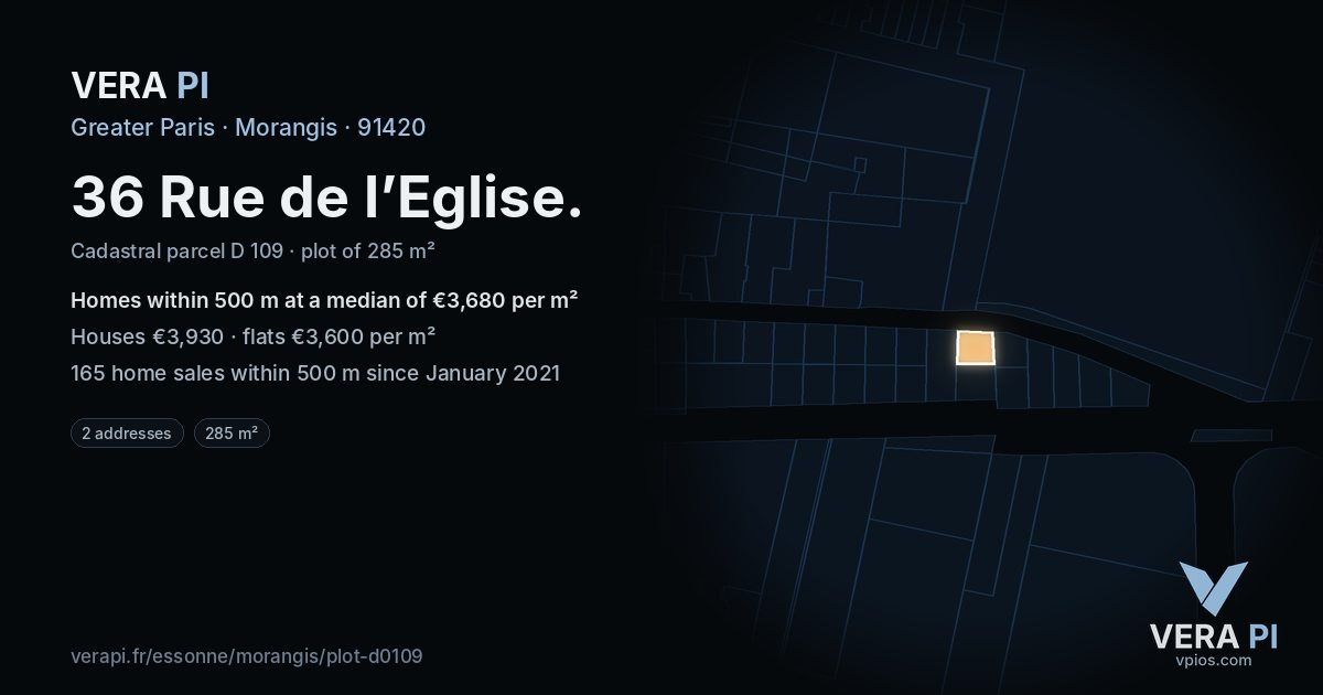 36 Rue de l’Eglise, Morangis at night – the plot lit, the parcels around coloured by the prices near them