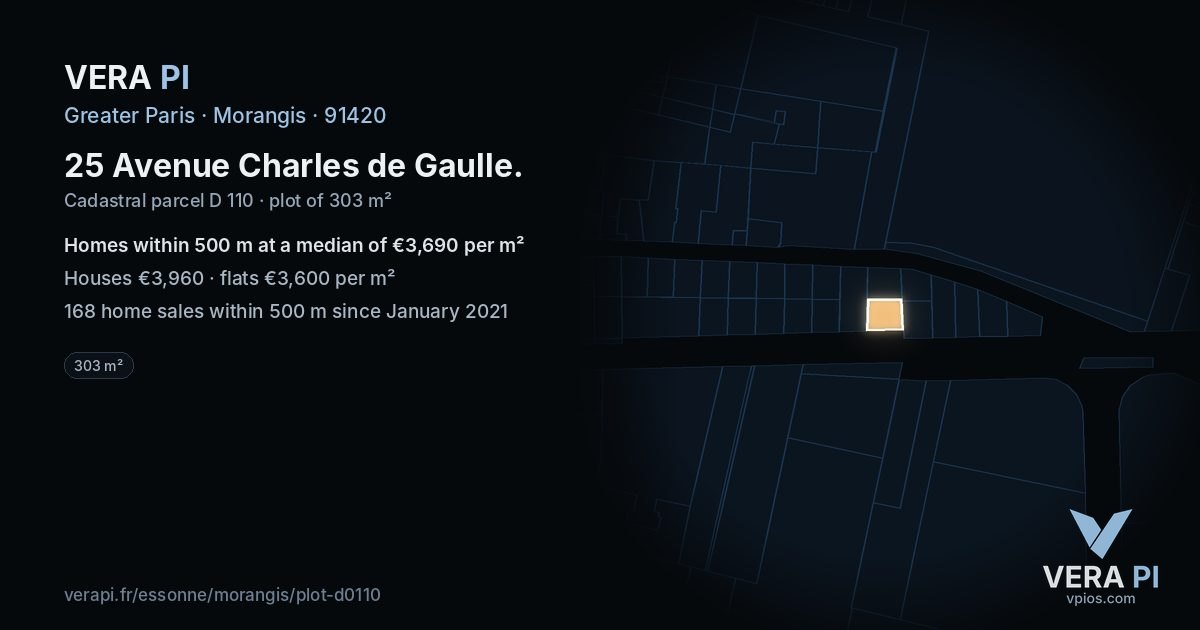25 Avenue Charles de Gaulle, Morangis at night – the plot lit, the parcels around coloured by the prices near them