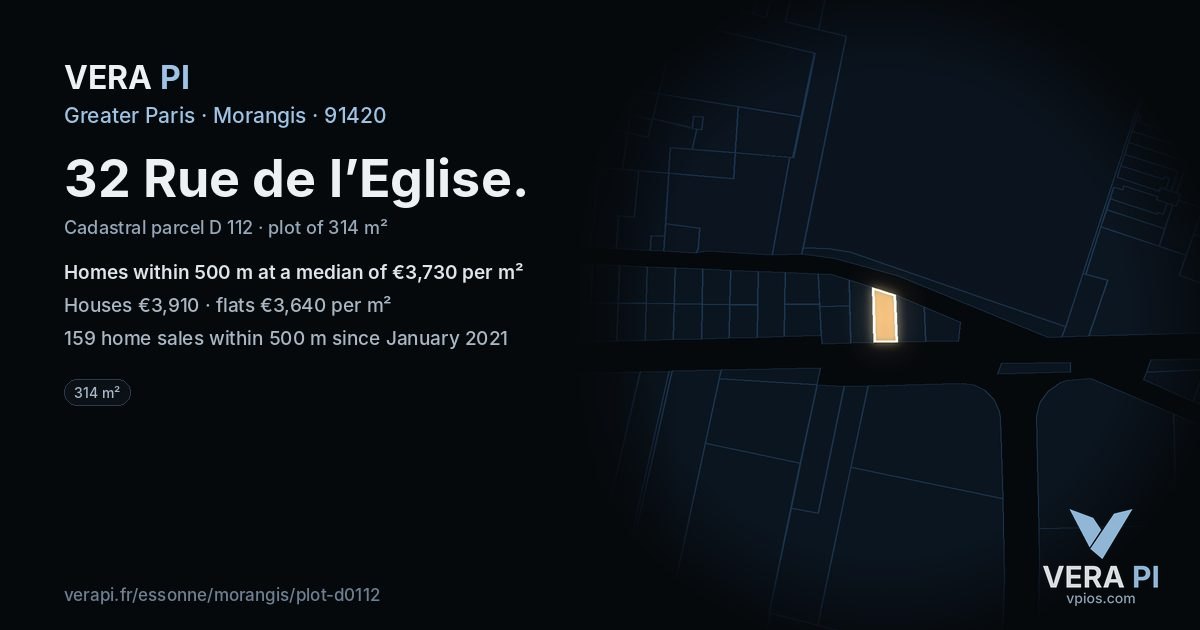 32 Rue de l’Eglise, Morangis at night – the plot lit, the parcels around coloured by the prices near them