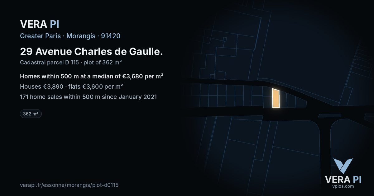 29 Avenue Charles de Gaulle, Morangis at night – the plot lit, the parcels around coloured by the prices near them