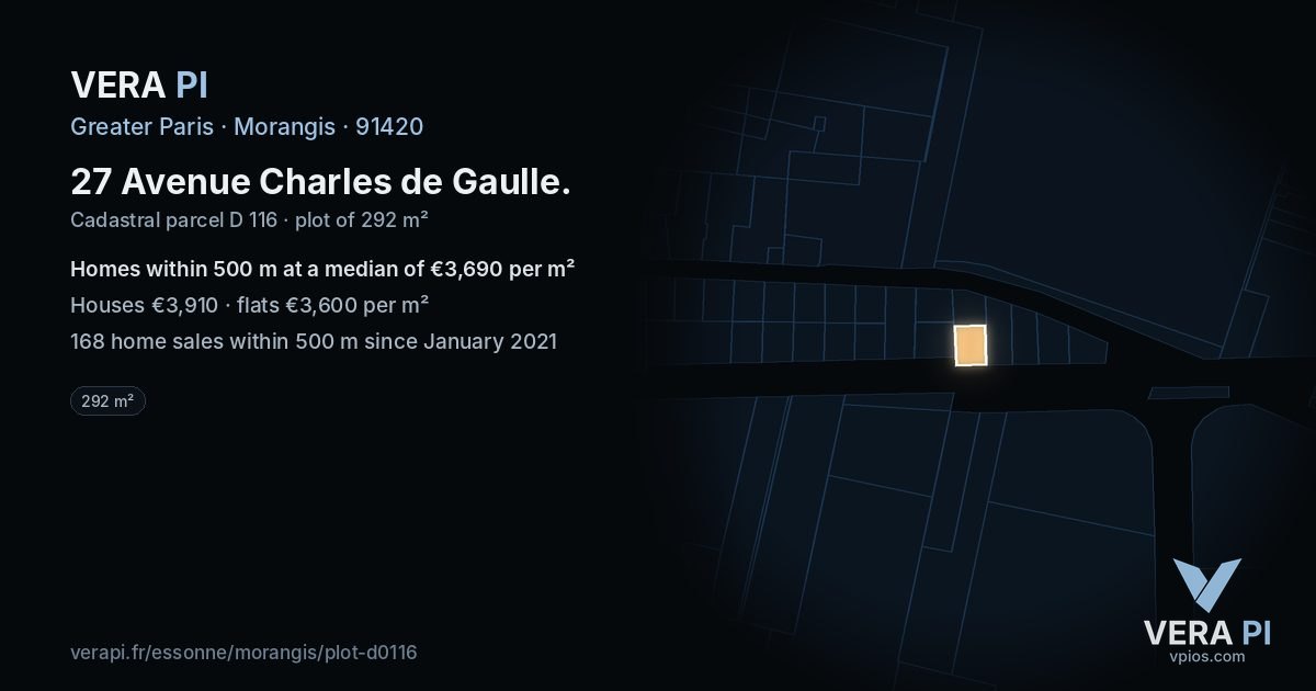 27 Avenue Charles de Gaulle, Morangis at night – the plot lit, the parcels around coloured by the prices near them