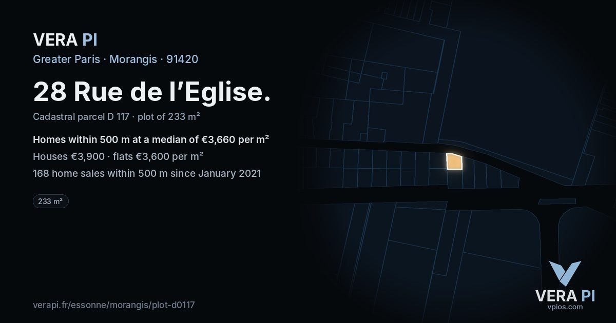 28 Rue de l’Eglise, Morangis at night – the plot lit, the parcels around coloured by the prices near them
