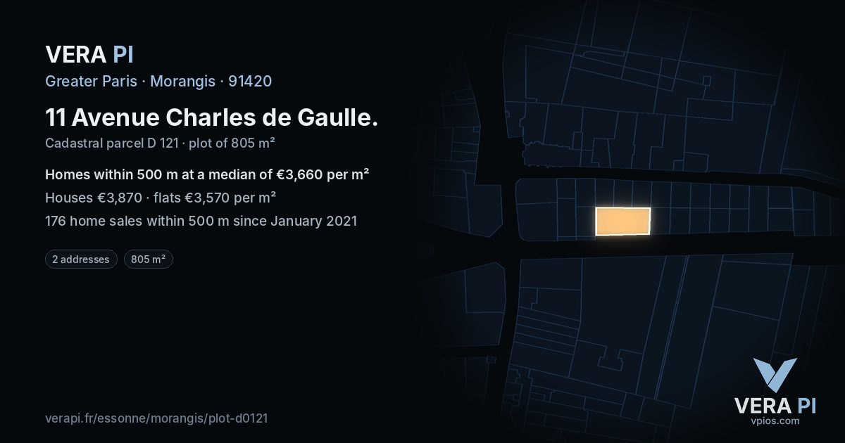 11 Avenue Charles de Gaulle, Morangis at night – the plot lit, the parcels around coloured by the prices near them