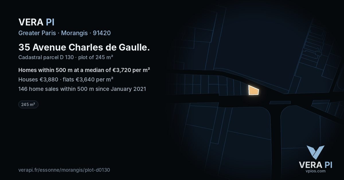 35 Avenue Charles de Gaulle, Morangis at night – the plot lit, the parcels around coloured by the prices near them