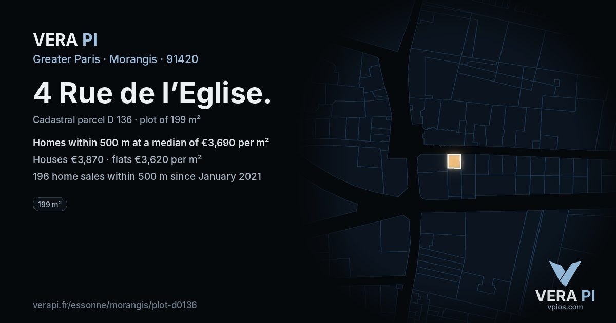 4 Rue de l’Eglise, Morangis at night – the plot lit, the parcels around coloured by the prices near them