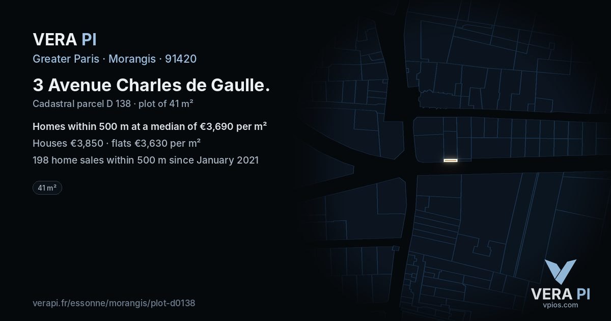 3 Avenue Charles de Gaulle, Morangis at night – the plot lit, the parcels around coloured by the prices near them