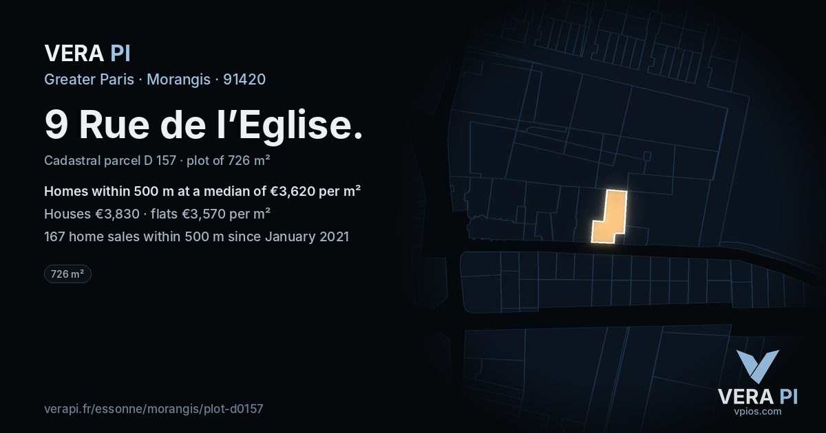 9 Rue de l’Eglise, Morangis at night – the plot lit, the parcels around coloured by the prices near them