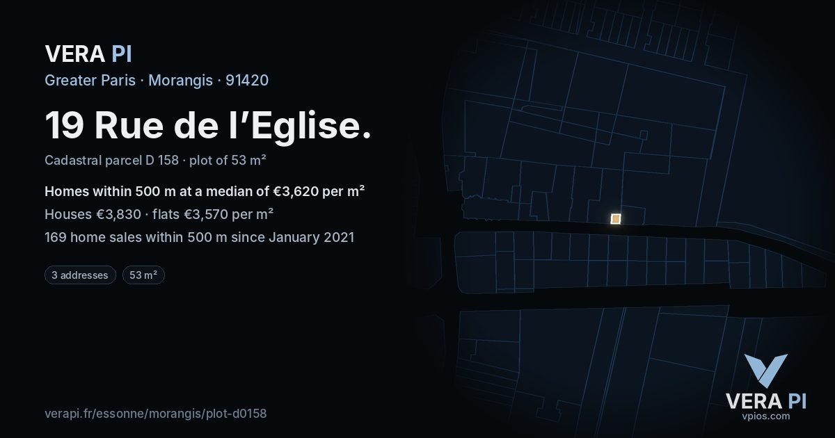 19 Rue de l’Eglise, Morangis at night – the plot lit, the parcels around coloured by the prices near them