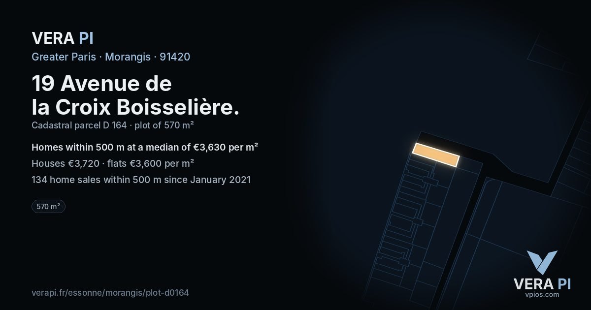 19 Avenue de la Croix Boisselière, Morangis at night – the plot lit, the parcels around coloured by the prices near them