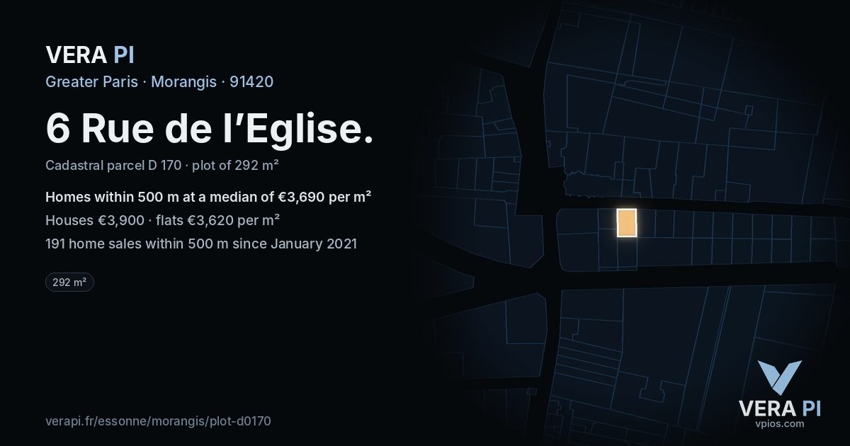 6 Rue de l’Eglise, Morangis at night – the plot lit, the parcels around coloured by the prices near them