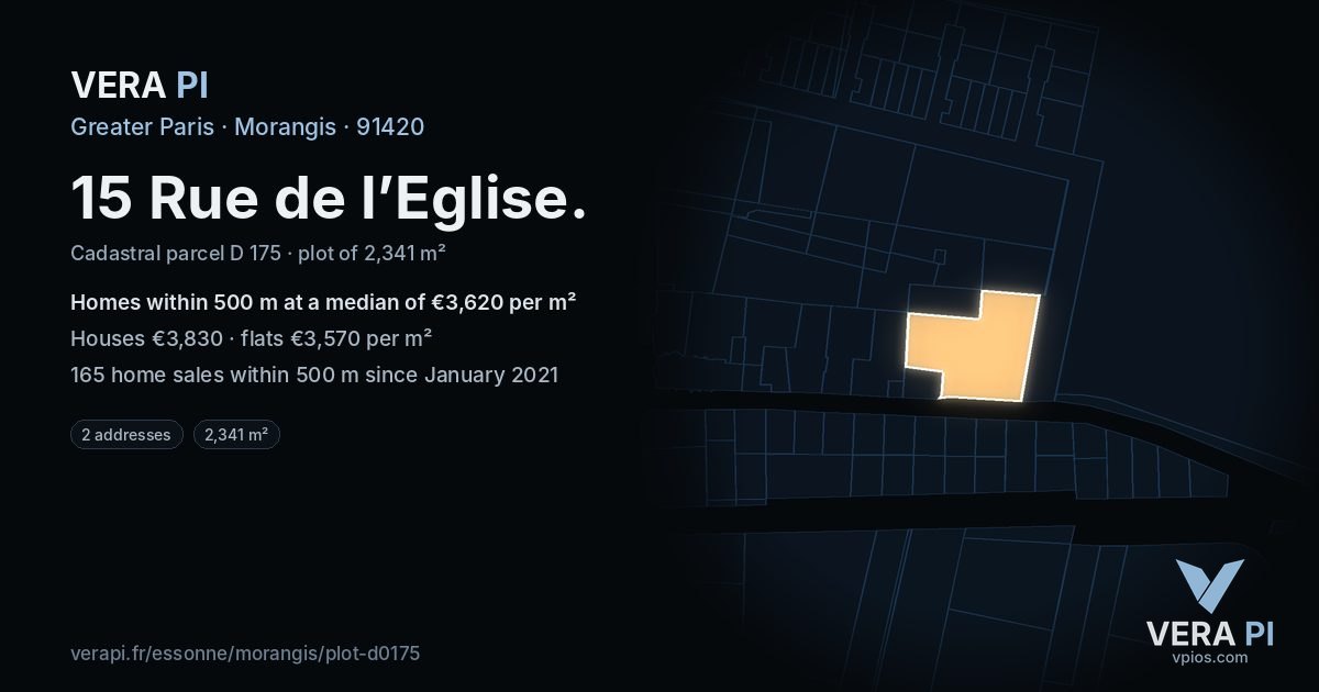 15 Rue de l’Eglise, Morangis at night – the plot lit, the parcels around coloured by the prices near them
