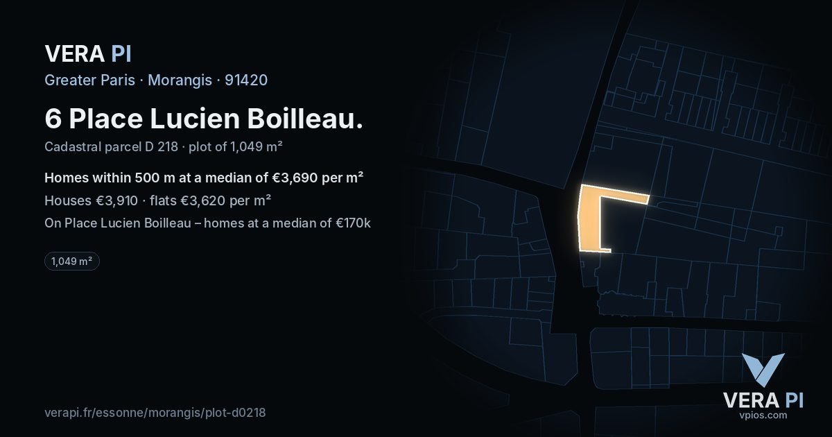 6 Place Lucien Boilleau, Morangis at night – the plot lit, the parcels around coloured by the prices near them