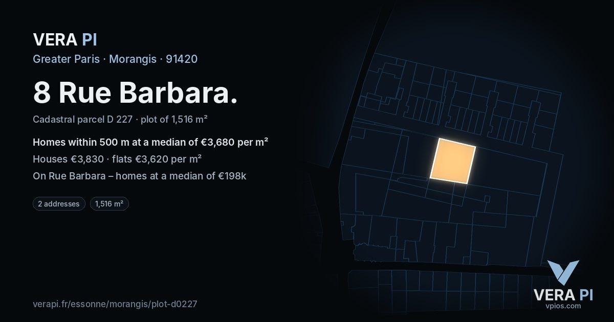 8 Rue Barbara, Morangis at night – the plot lit, the parcels around coloured by the prices near them