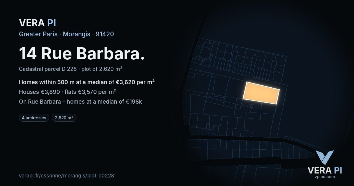 14 Rue Barbara, Morangis at night – the plot lit, the parcels around coloured by the prices near them