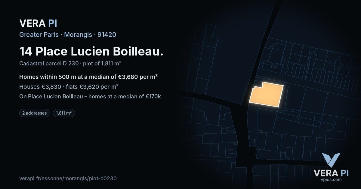 14 Place Lucien Boilleau, Morangis at night – the plot lit, the parcels around coloured by the prices near them