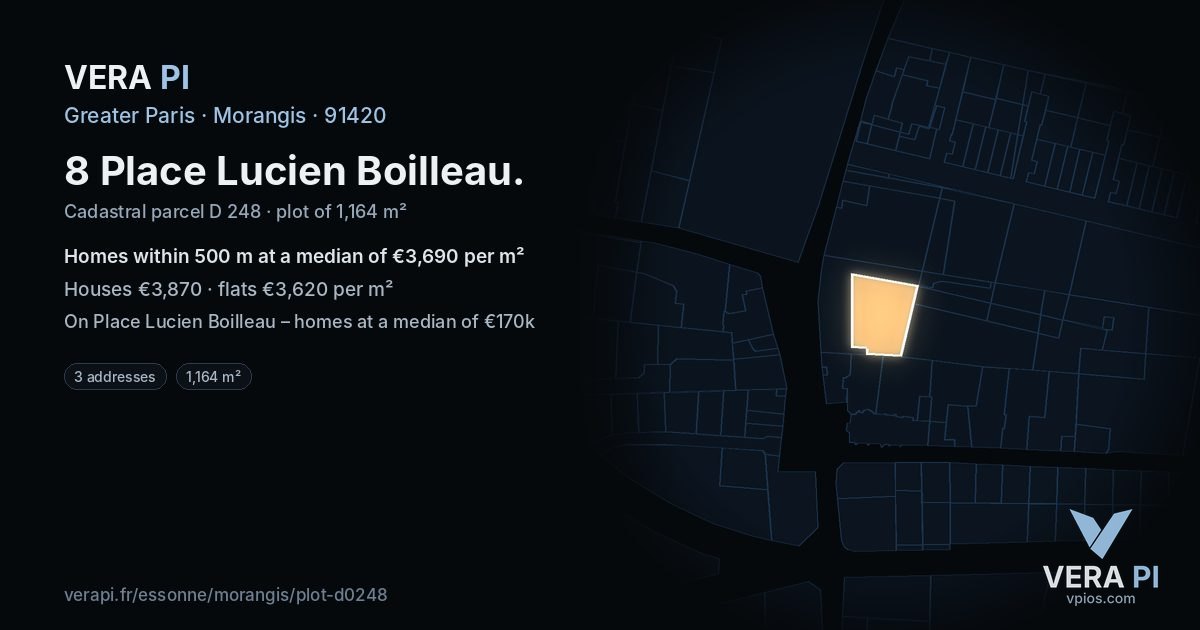 8 Place Lucien Boilleau, Morangis at night – the plot lit, the parcels around coloured by the prices near them