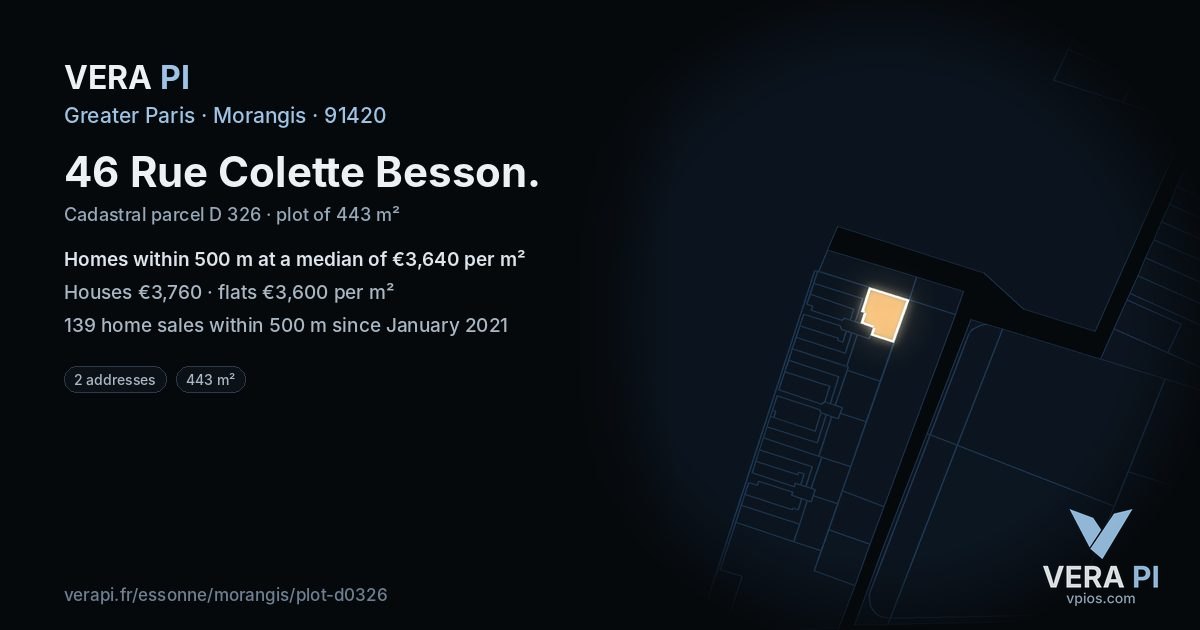 46 Rue Colette Besson, Morangis at night – the plot lit, the parcels around coloured by the prices near them