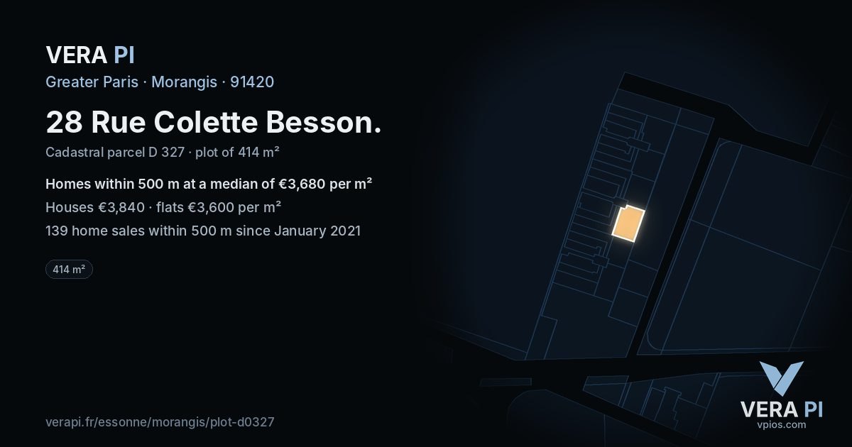 28 Rue Colette Besson, Morangis at night – the plot lit, the parcels around coloured by the prices near them